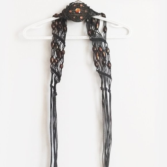 Vintage 1970's Brown Macrame Tie Belt With Glass Beads & Faux Amber Stones - Picture 2 of 11